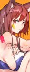  1girl animal_ears breasts closed_mouth copyright_request crossed_arms from_side frown highres large_breasts looking_at_viewer orange_background paint_splatter paint_splatter_on_face red_eyes red_hair ringed_eyes sideboob simple_background solo souji_hougu 