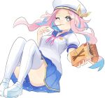  1girl :3 alternate_costume beret blue_hair blue_sailor_collar blush box breast_pocket breasts closed_mouth commentary_request constellation_print eating eyebrows_visible_through_hair food forehead full_body hands_up happy hat hat_ribbon highres holding holding_box holding_food jpeg_artifacts knees_up komuro_takahiro leaning_back legs_together light_blush long_hair looking_at_viewer medium_breasts miniskirt multicolored_hair neck_ribbon one_eye_closed orvelle_(world_flipper) pink_hair pink_ribbon pleated_skirt pocket pocky puffy_short_sleeves puffy_sleeves purple_eyes ribbon sailor_collar school_uniform shoes short_sleeves sidelocks simple_background sitting skirt smile solo star-shaped_pupils star_(symbol) streaked_hair symbol-shaped_pupils thighhighs two-sided_fabric two-sided_skirt two-tone_hair white_background white_footwear white_headwear white_legwear world_flipper yellow_ribbon 