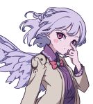  1girl :/ absurdres angel_wings arm_up bangs beige_jacket blush_stickers bow bowtie braid breasts collared_dress commentary dress emerald_(gemstone) feathered_wings french_braid hand_to_own_mouth highres kame_(kamepan44231) kishin_sagume long_sleeves looking_at_viewer medium_breasts one-hour_drawing_challenge purple_dress red_bow red_bowtie red_eyes short_hair silver_hair simple_background single_wing solo standing touhou upper_body white_background wing_collar wings 