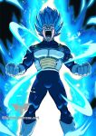  1boy armor aura batmandrewart blue_eyes blue_hair boots clenched_hands commission dragon_ball dragon_ball_super energy english_commentary gloves highres male_focus muscular muscular_male saiyan_armor shouting solo spiked_hair super_saiyan super_saiyan_blue teeth vegeta white_footwear white_gloves widow&#039;s_peak 