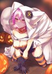  1boy 1girl all_fours blush breasts choker cleavage cloak collarbone commentary_request frills full_body gloves halloween halloween_costume heavy_breathing highres hood hooded_cloak jack-o&#039;-lantern kantai_collection long_sleeves looking_at_viewer off_shoulder official_alternate_costume pink_hair pumpkin purple_hair rampage_2nd red_eyes short_hair solo_focus stealth stealth_sex striped striped_legwear sweatdrop tama_(kancolle) thighhighs white_cloak 