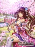  1girl breasts bridge brown_hair cherry_blossoms cleavage cup day floral_print flower frills grass hair_flower hair_ornament hair_stick holding holding_cup kome_(okome-smile) large_breasts long_hair official_art outdoors path pond purple_eyes sengoku_kishin_valkyrie sitting smile solo stone_lantern thighhighs water white_legwear 
