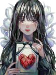  1girl bangs black_bow black_hair blunt_bangs bow crying crying_with_eyes_open flower heart highres long_hair looking_at_viewer mole mole_under_eye mole_under_mouth original orokudesu picture_(object) picture_frame red_flower red_lips solo tears tulip upper_body wavy_hair 