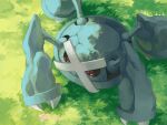  claws commentary_request day flower from_above grass kira_(kira_dra) looking_down metagross no_humans outdoors pink_flower pokemon pokemon_(creature) red_eyes solo 