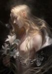  1boy alucard_(castlevania) bishounen blonde_hair castlevania chain commentary flower highres holding holding_flower lips long_hair looking_to_the_side male_focus nipples parted_lips profile signature solo spearthymint upper_body wavy_hair white_flower 