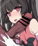  1boy 1girl bare_shoulders black_hair breasts censored elbow_gloves eyebrows_visible_through_hair gloves grey_background hetero highres kuro_mushi large_breasts long_hair open_mouth penis senki_zesshou_symphogear simple_background sleeveless small_breasts testicle_grab testicles tongue tsukuyomi_shirabe 
