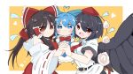  3girls ahoge ascot bangs belt bird_wings black_hair blue_bow blue_eyes blue_hair blush border bow breasts brown_eyes brown_hair cirno cirno_day collared_shirt commentary_request dress eyebrows_visible_through_hair eyes_visible_through_hair fairy feathered_wings hair_bow hakurei_reimu hat heart heart_ahoge highres holding_hands ice ice_wings large_breasts long_hair long_sleeves looking_at_viewer multiple_girls necktie open_mouth pinafore_dress pom_pom_(clothes) puffy_short_sleeves puffy_sleeves red_bow red_eyes red_neckwear red_vest ribbon-trimmed_sleeves ribbon_trim sarashi shameimaru_aya shirt short_hair short_sleeves simple_background tatutaniyuuto teeth tokin_hat touhou upper_body upper_teeth vest white_shirt wide_sleeves wing_collar wings yellow_background yellow_neckwear 