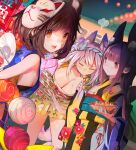  3girls :d animal_ear_fluff animal_ears armpit_crease azur_lane bangs blue_kimono breasts brown_hair cleavage closed_eyes closed_mouth collarbone dutch_angle eating extra_ears eyebrows_behind_hair festival food food_theft fox_mask from_behind hachimaki hand_fan headband highres holding holding_food japanese_clothes kimono large_breasts long_hair looking_at_viewer looking_back mask mask_on_head multiple_girls mutsu_(azur_lane) nagato_(azur_lane) nejiri_hachimaki night obi obiage obijime orange_eyes paper_fan purple_hair sash sideboob sleeveless sleeveless_kimono small_breasts smile souji_hougu summer_festival takoyaki teeth thick_eyebrows toothpick twintails upper_teeth water_yoyo white_hair yakisoba yellow_kimono yuudachi_(azur_lane) 