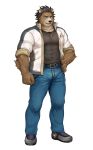  1boy absurdres animal_ears arm_at_side arm_hair bara bear_boy bear_ears beige_fur belt black_belt black_hair black_shirt blue_eyes blue_pants brown_fur commentary_request covered_abs denim facial_hair fangs full_body furrification furry furry_male goatee gozu_farm grey_footwear hand_on_hip highres indie_virtual_youtuber jacket jeans jewelry large_pectorals looking_at_viewer male_focus mature_male mikeyama_ginji muscular muscular_male necklace official_art open_clothes open_jacket pants pectoral_cleavage pectorals shirt shoes short_hair simple_background sleeves_rolled_up smile sneakers solo tachi-e tight tight_shirt two-tone_fur virtual_youtuber watch white_background wristwatch 