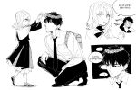  1boy 1girl 4ofo1nf43kuvxkl backpack bag bangs caren_hortensia check_commentary check_translation commentary_request fate/hollow_ataraxia fate/stay_night fate_(series) father_and_daughter formal greyscale habit head_wreath korean_text kotomine_kirei monochrome necktie simple_background squatting suit translation_request white_background younger 