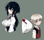  1boy 1girl ahoge bangs black_choker black_hair blonde_hair blush breasts brown_eyes choker green_eyes hair_between_eyes large_breasts long_hair long_sleeves low_ponytail null_(nyanpyoun) original ponytail shirt short_hair simple_background upper_body white_shirt 