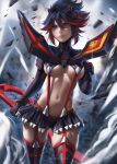  1girl absurdres artsbycarlos bangs black_hair blue_eyes boots breasts closed_mouth commentary english_commentary gloves hair_between_eyes highres holding holding_weapon kill_la_kill matoi_ryuuko microskirt multicolored_hair navel pleated_skirt red_hair revealing_clothes scissor_blade senketsu short_hair skirt streaked_hair suspenders thigh_boots thighhighs two-tone_hair underboob weapon 