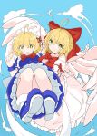  2girls ahoge angel_wings apron bangs blonde_hair blue_dress blue_footwear blue_sky blush bow bowtie breasts carrying commentary_request dress eyebrows_visible_through_hair feathered_wings feathers flying frilled_dress frills gengetsu_(touhou) hair_bow highres long_sleeves looking_at_viewer maid maid_apron maid_headdress medium_breasts mugetsu_(touhou) multiple_girls open_mouth pink_dress princess_carry puffy_short_sleeves puffy_sleeves red_bow red_bowtie red_ribbon ribbon short_hair short_sleeves siblings sisters sky smile socks sweatdrop tatutaniyuuto touhou touhou_(pc-98) white_legwear wings wrist_cuffs yellow_eyes 