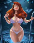  1girl bikini bra breasts cleavage curvy dripping fantasy green_eyes highres large_breasts legs_together looking_at_viewer marvel mary_jane_watson navel panties playing_with_own_hair red_hair red_lips solo spider-man_(series) swimsuit tan tanlines tatti_art thick_lips thick_thighs thigh_gap thighs toon_(style) underwear wading wet 
