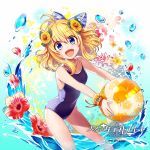  1girl :d ahoge ball beachball blue_background blue_bow blue_eyes bow breasts claro_(tenkuu_no_craft_fleet) company_name copyright_name flower gradient gradient_background hair_bow hair_flower hair_ornament hibiscus holding holding_ball logo long_hair looking_at_viewer official_art open_mouth ripodpotato small_breasts smile solo splashing standing swimsuit tenkuu_no_craft_fleet water_drop watermark white_background wristband 