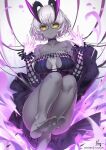  1girl bangs bare_shoulders barefoot black_dress breasts choker cleavage collarbone colored_skin detached_sleeves dress fate/grand_order fate_(series) glasses grey_hair grey_skin hong_(white_spider) horns jacques_de_molay_(foreigner)_(fate) large_breasts looking_at_viewer short_dress short_hair solo thighs yellow_eyes 