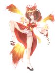  1girl ascot bangs bloomers bow breasts brown_hair clenched_hand closed_mouth commentary_request cookie_(touhou) detached_sleeves fiery_tail fiery_wings fighting_stance fire frilled_bow frilled_hair_tubes frills full_body hair_between_eyes hair_bow hair_tubes hakurei_reimu highres hyper_muteki_(artist) kanna_(cookie) leg_up looking_at_viewer medium_breasts medium_hair red_bow red_eyes red_shirt red_skirt ribbon-trimmed_sleeves ribbon_trim shirt simple_background skirt sleeveless sleeveless_shirt smile solo tail touhou transparent_background underwear white_sleeves wings yellow_ascot yellow_bow 
