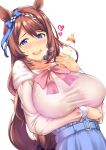  1girl animal_ears arm_under_breasts baby_bottle bangs blue_eyes blue_ribbon blue_skirt bottle braid breasts brown_hair ear_ribbon heart heart-shaped_pupils highres holding holding_bottle horse_ears horse_girl horse_tail jewelry kuurunaitsu large_breasts long_hair long_sleeves looking_at_viewer necklace pink_neckwear ribbon simple_background skirt solo super_creek_(umamusume) symbol-shaped_pupils tail umamusume upper_body white_background 