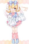  1girl :d animal apron bell blonde_hair blue_apron blue_bow blue_eyes blue_footwear blush bow cat commission cutesu_(cutesuu) dress eyepatch frilled_bow frills full_body hair_bell hair_bow hair_ornament holding holding_animal holding_cat jingle_bell long_sleeves looking_at_viewer medical_eyepatch medium_hair noi_mine one_eye_covered original pigeon-toed pink_dress pink_legwear shoes skeb_commission sleeves_past_fingers sleeves_past_wrists smile solo striped striped_bow white_bow wide_sleeves 