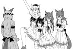  5girls anger_vein animal_ears bangs beanie blunt_bangs bow bowtie collarbone commentary crossed_arms dictus_striker ear_bow ear_piercing ears_through_headwear eyebrows_visible_through_hair frilled_skirt frills gold_ship_(umamusume) greyscale hat headgear hood hooded_jacket horse_ears horse_girl horse_tail horseshoe_ornament isarida jacket kin&#039;iro_ryotei_(umamusume) loafers mask monochrome mouth_mask multiple_girls nakayama_festa_(umamusume) orfevre_(umamusume) piercing pillbox_hat pleated_skirt puffy_short_sleeves puffy_sleeves sailor_collar sailor_shirt school_uniform shirt shoes short_sleeves sketch skirt summer_uniform sweatdrop tail tail_through_clothes thighhighs tracen_school_uniform umamusume umamusume:_cinderella_gray 