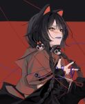  1girl absurdres animal_ears bangs black_collar black_hair black_jacket black_nails braid brown_shirt collar commentary_request dog_ears fangs from_side hair_ornament heterochromia highres inui_toko jacket long_hair looking_at_viewer nail_polish nijisanji open_mouth red_background red_eyes scissors shirt solo thread two-tone_background upper_body virtual_youtuber x_hair_ornament yellow_eyes zxjv 