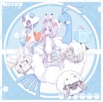 1girl altaria animal_ear_fluff animal_ears asa_no_ha_(pattern) backpack bag bangs beret bird blue_background blush bow cloud coral corsola deviantart_username eiscue english_commentary facebook_username flower fox_ears froslass galarian_corsola ghost grey_hair hair_bow hat highres holding holding_poke_ball ice ice_cube long_hair long_sleeves looking_at_viewer low_twintails minccino miyuu_(roku21) original penguin pink_bow pink_eyes poke_ball poke_ball_print pokemon pokemon_(creature) premier_ball puffy_long_sleeves puffy_sleeves roku21 sheep shirt sitting sitting_on_cloud skirt toyhouse_username twintails twitter_username very_long_hair white_bag white_headwear white_legwear white_shirt white_skirt wooloo 