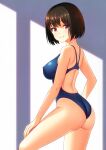  1girl ass back back_cutout bangs blue_swimsuit blush bob_cut breasts brown_hair clothing_cutout competition_swimsuit contrapposto covered_nipples eyebrows_visible_through_hair from_behind from_side hand_on_own_thigh highleg highleg_swimsuit highres kuri_(kurigohan) legs_apart looking_at_viewer medium_breasts one-piece_swimsuit original red_eyes short_hair shoulder_blades skindentation smile solo standing sunlight swimsuit 