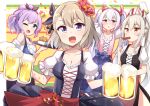  4girls acchii_(akina) alternate_costume animal_ears ayanami_(azur_lane) azur_lane bare_shoulders beer_mug black_dress bow breasts cleavage cross-laced_clothes crown cup dress eating fake_animal_ears flower food fork french_fries hair_flower hair_ornament headgear holding holding_cup holding_fork holding_tray javelin_(azur_lane) laffey_(azur_lane) light_brown_hair light_purple_hair long_hair looking_at_viewer medium_breasts medium_hair mini_crown mug multiple_girls off-shoulder_shirt off_shoulder oktoberfest one_eye_closed open_mouth orange_eyes pink_dress puffy_short_sleeves puffy_sleeves purple_dress purple_eyes purple_hair rabbit_ears red_bow red_eyes red_flower sausage shirt shirt_under_dress short_sleeves side_slit small_breasts standing tray twintails very_long_hair white_shirt wide_ponytail z23_(azur_lane) 