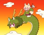  2girls animal animal_ear_fluff animal_ears animalization bangs blonde_hair blush brown_collar brown_footwear closed_eyes cloud collar dragon eastern_dragon eyebrows_visible_through_hair fox_ears fox_girl fox_tail gradient_sky green_hair green_shirt hair_between_eyes highres holding kemomimi-chan_(naga_u) long_sleeves manga_nippon_mukashi_banashi mitsudomoe_(shape) multiple_girls naga_u necktie orange_necktie original pleated_skirt purple_skirt rattle_drum red_sky ribbon-trimmed_legwear ribbon_trim sailor_collar shirt skirt sky sleeves_past_fingers sleeves_past_wrists tail thighhighs tomoe_(symbol) v-shaped_eyebrows white_legwear white_sailor_collar yellow_sky zouri 