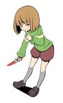  1other bangs blood blood_on_weapon blunt_bangs blush_stickers bob_cut brown_footwear brown_hair brown_shorts chara_(undertale) finger_to_mouth full_body green_sweater index_finger_raised kneehighs knife looking_at_viewer megasawara other_focus red_eyes shoes shorts smile sweater undertale weapon 