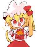  1girl alternate_species animal_ears ascot bell blonde_hair bow cat_ears cat_girl cat_tail ears_through_headwear fang flandre_scarlet hat hat_ribbon highres jingle_bell medium_hair mob_cap no_wings one_side_up op_na_yarou puffy_short_sleeves puffy_sleeves red_bow red_eyes red_skirt red_vest ribbon shirt short_sleeves side_ponytail simple_background skirt skirt_set solo tail touhou vest white_background white_shirt yellow_ascot 