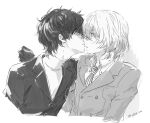  2boys akechi_gorou amamiya_ren commentary_request cropped_torso gloves greyscale hair_between_eyes imminent_kiss jacket long_sleeves male_focus monochrome multiple_boys necktie parted_lips persona persona_5 sawa2 school_uniform shirt shuujin_academy_uniform simple_background sketch twitter_username upper_body yaoi 