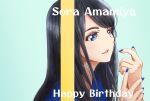  1girl amamiya_sora amaru_keiichi bangs birthday black_hair blue_eyes blue_nails character_name commentary_request english_text eyebrows_visible_through_hair green_background happy_birthday long_hair portrait real_life sidelocks solo voice_actor 