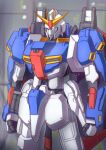 blurry blurry_background clenched_hands glowing glowing_eyes green_eyes gundam mecha military mobile_suit my_kakukak no_humans science_fiction solo standing stationery v-fin zeta_gundam zeta_gundam_(mobile_suit) 