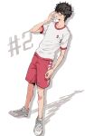  1boy amamiya_ren bangs black_hair closed_mouth commentary_request full_body glasses grey_eyes gym_uniform hair_between_eyes highres male_focus persona persona_5 red_shorts sawa2 shirt shoes short_sleeves shorts simple_background sneakers solo standing sweat white_footwear white_shirt 