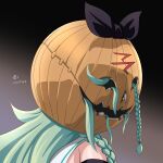  1girl back black_background black_ribbon black_serafuku black_skirt blue_ribbon braid breasts dated detached_sleeves gradient gradient_background green_eyes green_hair gundam gundam_hathaway&#039;s_flash hair_ribbon halloween halloween_costume highres horror_(theme) jack-o&#039;-lantern kantai_collection long_hair looking_at_viewer looking_back mafti_nabiyu_erin medium_breasts neckerchief ponytail pumpkin remodel_(kantai_collection) ribbon sailor_collar school_uniform serafuku signature skirt solo tk8d32 twin_braids upper_body what white_sailor_collar yamakaze_(kancolle) 