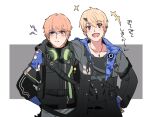  2boys :d arm_over_shoulder bangs black_gloves black_jacket blonde_hair blue_eyes blue_gloves blush border brown_background camouflage camouflage_jacket closed_mouth cosplay costume_switch earrings gloves horns jacket jewelry kamui_(punishing:_gray_raven) lee_(punishing:_gray_raven) long_sleeves looking_at_viewer multiple_boys necklace open_mouth orange_hair punishing:_gray_raven purple_eyes sachiko_y short_hair single_horn smile 