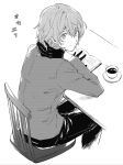  1boy akechi_gorou book chair closed_mouth commentary_request cup gloves greyscale hair_between_eyes head_tilt jacket long_sleeves male_focus monochrome pants persona persona_5 sawa2 simple_background sitting solo table 