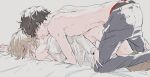 2boys akechi_gorou amamiya_ren bangs bed_sheet black_hair blush brown_hair commentary_request from_side grey_background hair_between_eyes implied_sex male_focus male_underwear multiple_boys nipples open_clothes open_shirt pants parted_lips persona persona_5 sawa2 sex sheet_grab shirt simple_background sweat topless_male underwear white_shirt yaoi 