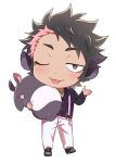  1boy :p animal animal_ears artist_request black_hair carrying check_artist chibi commentary_request full_body indie_virtual_youtuber male_focus multicolored_hair nishikimaru pants partially_unbuttoned pectoral_cleavage pectorals pink_hair short_hair smile solo streaked_hair suspenders tapir tapir_ears toned toned_male tongue tongue_out transparent_background virtual_youtuber white_pants yumeno_bakuto 