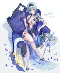  1girl absurdres alcohol bangs bare_shoulders black_gloves black_hairband blue_dress blue_footwear blue_hair breasts chair champagne choker cleavage closed_mouth collarbone crossed_legs cup dress eula_(genshin_impact) full_body genshin_impact gloves hairband highres jewelry large_breasts looking_at_viewer medium_hair plunging_neckline pottsness smile solo thick_thighs thigh_strap thighs vision_(genshin_impact) yellow_eyes 