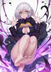  1girl bangs barefoot belt black_dress black_jacket blue_eyes breasts cleavage cropped_jacket dress fate/grand_order fate_(series) glasses grey_hair hong_(white_spider) jacket jacques_de_molay_(foreigner)_(fate) large_breasts long_sleeves looking_at_viewer open_clothes open_jacket short_dress short_hair thighs 
