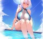  1girl bangs blue_bow blue_sky blue_swimsuit bow breasts commentary day fate/grand_order fate_(series) hair_between_eyes hair_bow highleg highleg_swimsuit highres large_breasts lens_flare long_hair looking_at_viewer one-piece_swimsuit ponytail red_eyes silver_hair sitting sky solo spider_apple sunlight swimsuit symbol-only_commentary thigh_strap thighs tomoe_gozen_(fate) tomoe_gozen_(swimsuit_saber)_(fate) two-tone_swimsuit water wet white_swimsuit 