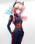  1girl :q at&amp;t blonde_hair cowboy_shot dochacci english_commentary girls&#039;_frontline grifon_&amp;_kryuger hair_between_eyes headset heart highres honda long_hair looking_at_viewer m4_sopmod_ii_(girls&#039;_frontline) multicolored_hair racing_suit red_bull red_eyes red_hair smile solo streaked_hair tongue tongue_out twitter_username 
