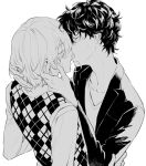  2boys akechi_gorou amamiya_ren argyle bangs blush closed_eyes commentary_request french_kiss greyscale hair_between_eyes jacket kiss long_sleeves male_focus monochrome multiple_boys open_mouth persona persona_5 sawa2 shirt simple_background sweat sweater_vest upper_body yaoi 
