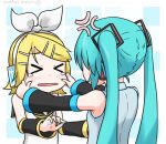  &gt;_&lt; 2girls anger_vein aqua_hair arm_warmers bangs bare_shoulders black_collar black_sleeves blonde_hair bow cheek_pinching cheek_pull chibi closed_eyes collar detached_sleeves from_behind grey_shirt hair_bow hair_ornament hairclip hatsune_miku hatsune_negame headphones kagamine_rin long_hair multiple_girls neckerchief open_mouth outstretched_arms pinching sailor_collar school_uniform shirt short_hair sleeveless sleeveless_shirt swept_bangs tears twintails upper_body very_long_hair vocaloid white_bow white_shirt yellow_neckerchief 