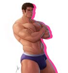  1boy abs bara boxer_briefs bulge crossed_arms edging_underwear english_commentary feet_out_of_frame highres large_pectorals long_sideburns looking_at_viewer male_focus male_underwear muscular muscular_male navel nipples original pectorals purple_male_underwear rekkinj scar scar_on_cheek scar_on_face short_hair sideburns solo stomach thick_thighs thighs topless_male underwear 