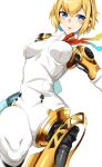  1girl aegis_(persona) android blonde_hair blue_eyes blue_hair bodysuit breasts colored_inner_hair cowboy_shot doko_tetora gradient_ribbon hairband medium_breasts multicolored_hair neck_ribbon parted_lips persona red_ribbon ribbon robot simple_background solo two-tone_hair white_background white_bodysuit 