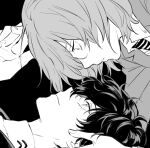  2boys akechi_gorou amamiya_ren bangs closed_mouth commentary_request from_side greyscale hair_between_eyes jacket looking_at_another male_focus monochrome multiple_boys necktie persona persona_5 profile sawa2 shirt simple_background yaoi 