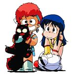  1980s_(style) 2girls animal arm_support armlet blue_eyes blue_hair boots bracelet breasts chibi cleavage dirty_pair earrings gloves grin headband holding holding_animal holster jewelry kei_(dirty_pair) leaning_forward long_hair mughi multiple_girls nanmo red_eyes red_hair retro_artstyle robot short_hair simple_background single_glove smile standing white_background yuri_(dirty_pair) 